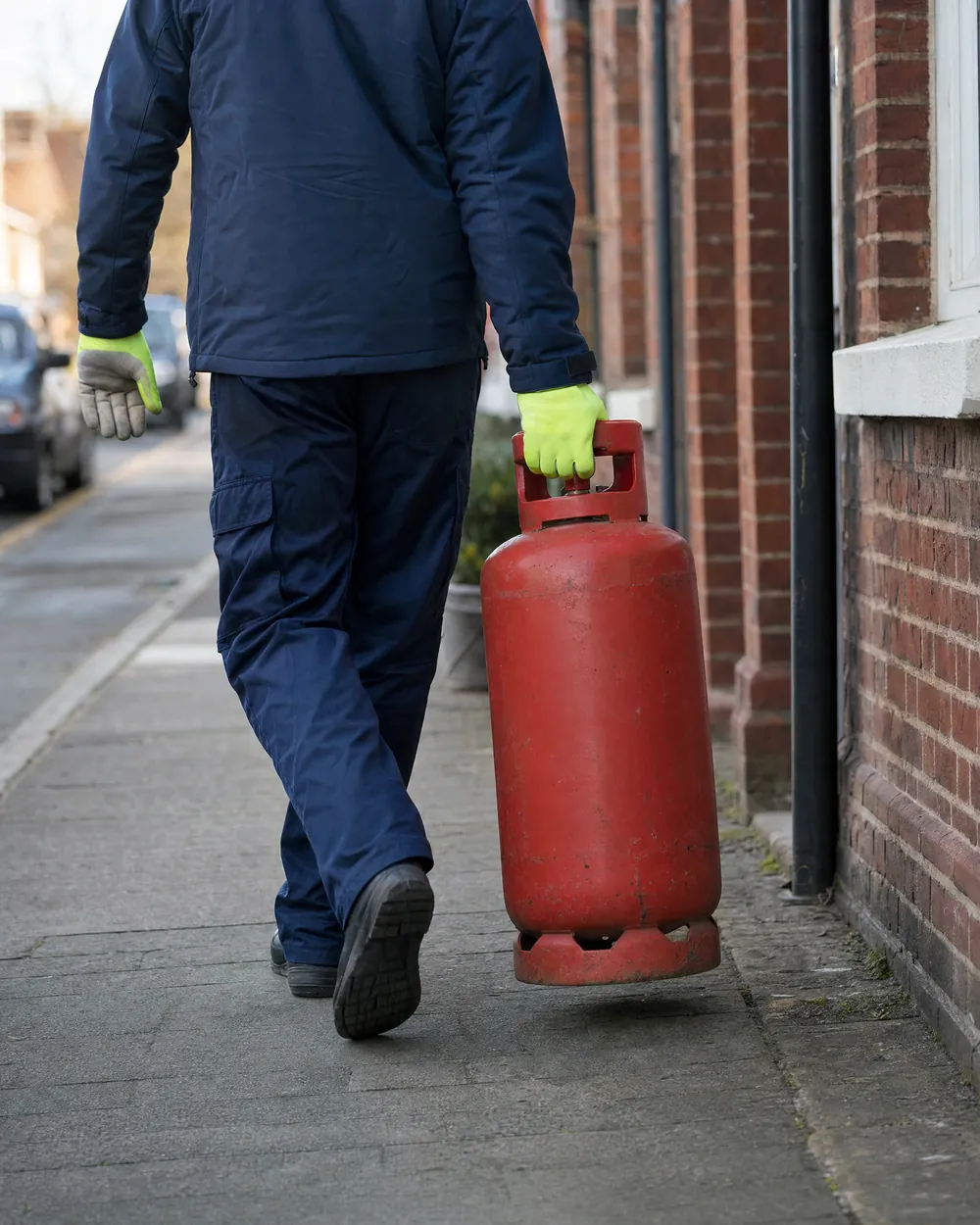 RR Gas driver carrying a 19kg propane cylinder to a customer's house